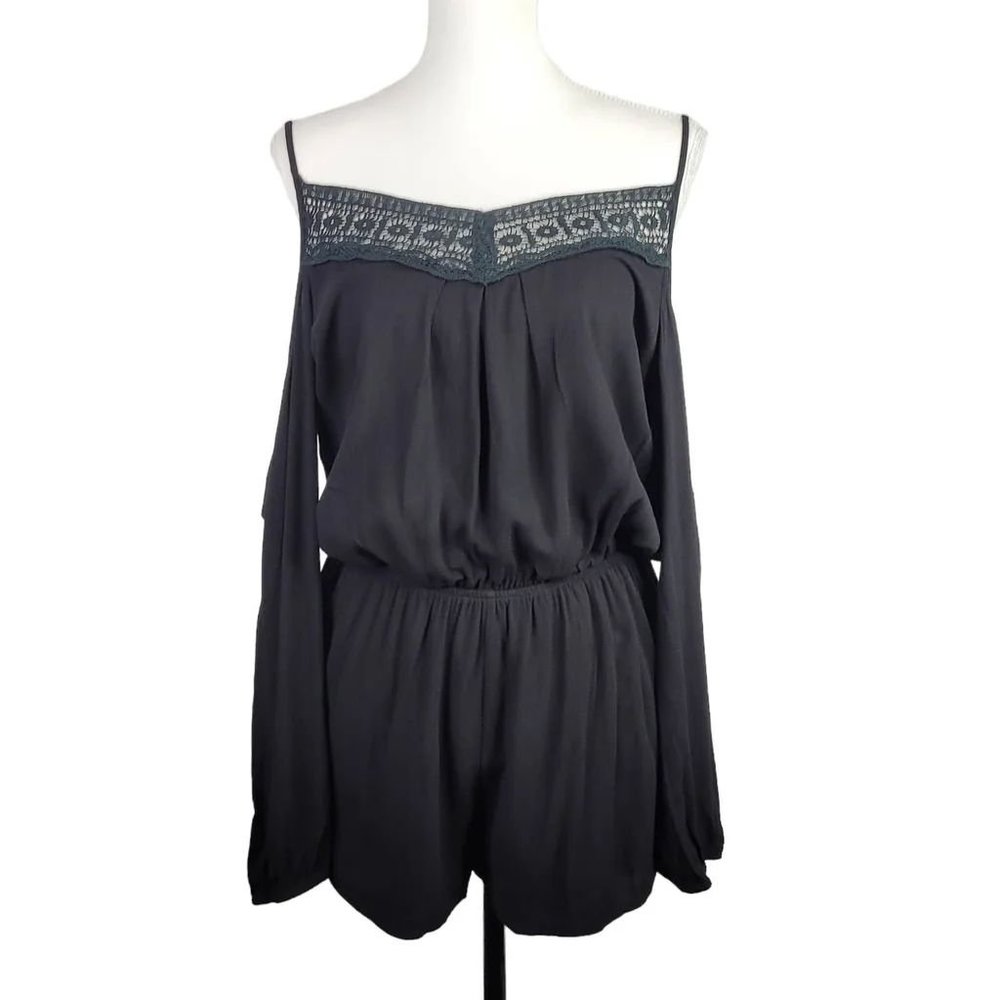 Lovestitch Cold Shoulder Romper Black Elastic Waist Medium Crochet Neckline